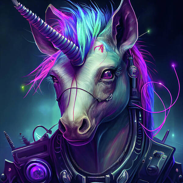 Unicorn Poster featuring the digital art Cyberpunk Unicorn Portrait 01 by Matthias Hauser