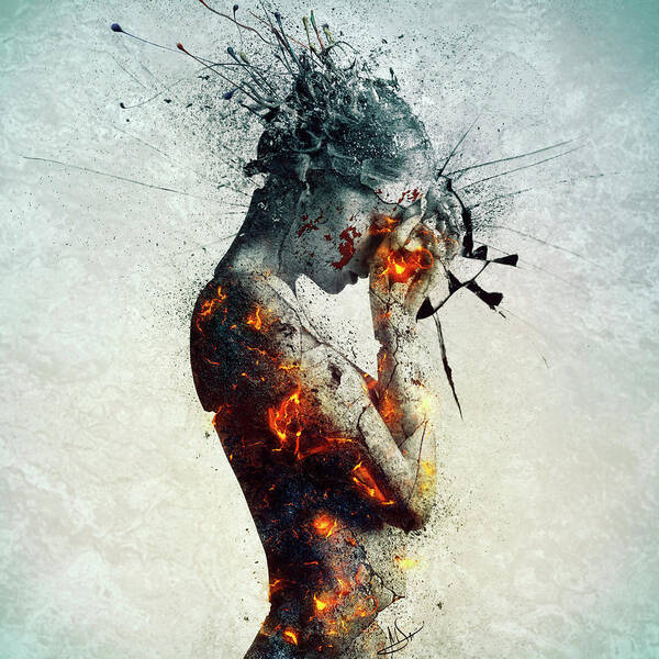 Deliberation Surreal Decision Burning Statue Sad Falling Breaking Statue Going Down Crying Fire Shattered Gothic Heartbreak Breakup Sadness Lonely Alone Burning Nightmare Fragile Cracked Exploding Head Wasted Tired Wisdom Love Heartbroken Loveless Empty Girl Thinking Destroyed Defeated Sadness Emotional Portraiture Falling Dreaming Aftermath Artistic Nude Grunge Texture Mind Clarity Young Woman Photoshop Photomanipulation Breaking Down Emotional Poster featuring the digital art Deliberation by Mario Sanchez Nevado