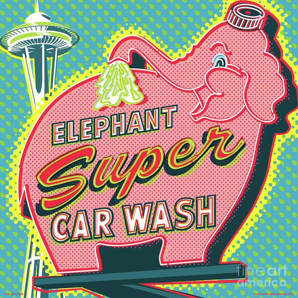 Pop Art Poster featuring the digital art Elephant Car Wash and Space Needle - Seattle by Jim Zahniser