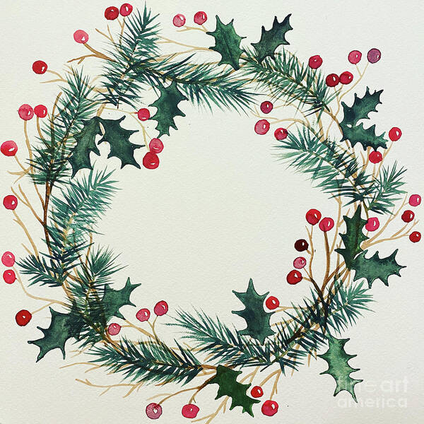Wreath Poster featuring the painting Evergreen and Holly Wreath by Lisa Neuman
