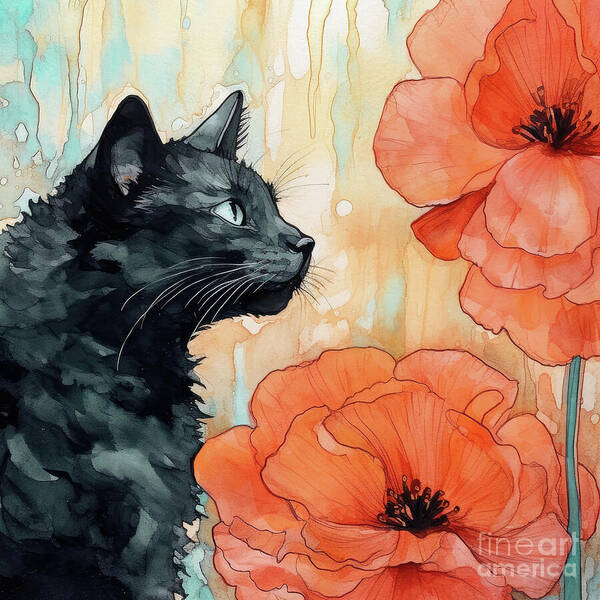 Cat Poster featuring the mixed media Eyeing The Orange Poppy by Tina LeCour