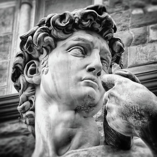 David Poster featuring the photograph Face Detail of David by Michelangelo Florence Black and White by Carol Japp