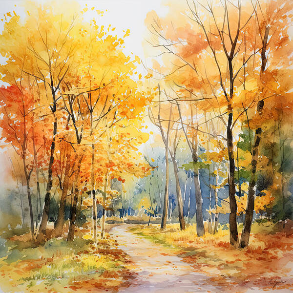 Autumn Watercolor Painting Poster featuring the digital art Falling Leaves - Autumn Falling Leaves Art by Lourry Legarde