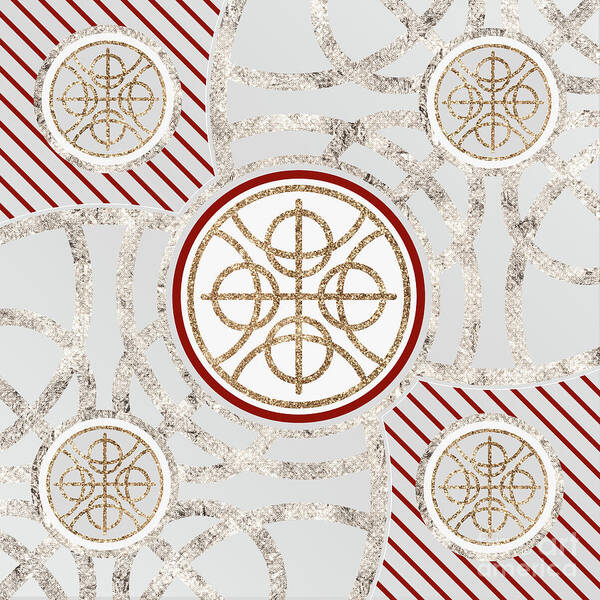 Abstract Poster featuring the mixed media Festive Sparkly Geometric Glyph Art in Red Silver and Gold n.0292 by Holy Rock Design