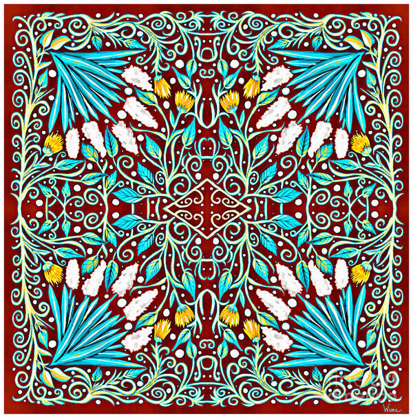 Turquoise Leaves Poster featuring the mixed media Floral Design in Turquoise, Yellow and Red by Lise Winne
