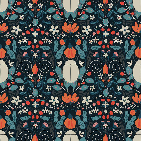 Floral Garden Poster featuring the digital art Flower Garden at Night - Surface Pattern Repeat - Dark by Patricia Awapara