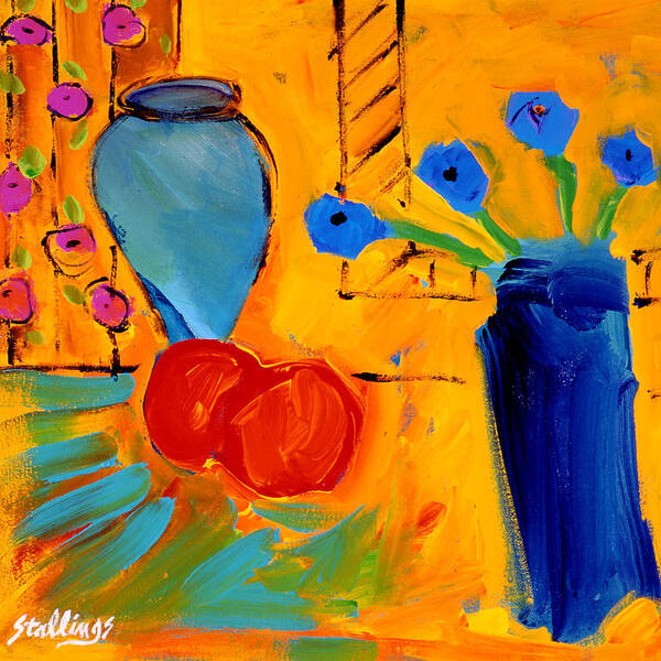 Still Life Poster featuring the painting Four Blue Flowers by Jim Stallings