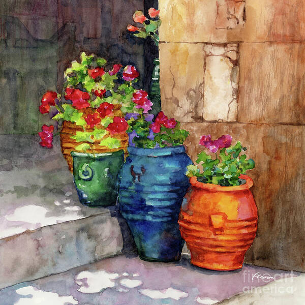 Pot Poster featuring the painting Geranium Pots - Red and Pink Bloom by Hailey E Herrera