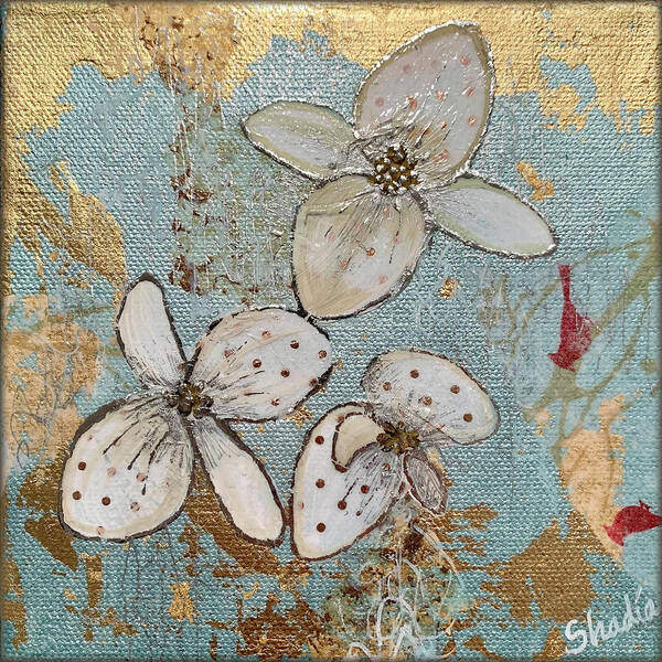 Orchid White Orchids Flowers Blossom Tropical Tropics Love Beauty Whitish Soft Delicate Green Fragile Fertility Refinement Thoughtfulness Charm Phalaenopsis Reverence Gold Gold Leaf Metallic Elegance Elegant Graceful Petite Dow Gardens Garden Midland Dowgarden Gold Collage Shadia Blue Pale Blue Soft Blue Poster featuring the painting Gilded Orchid II by Shadia Derbyshire