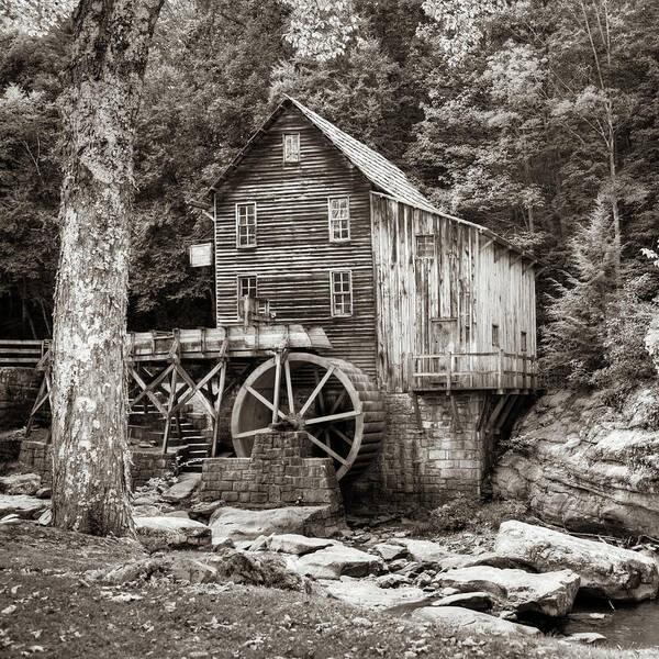 Glade Creek Mill Poster featuring the photograph Glade Creek Grist Mill of the Appalachian Mountains 1x1 Sepia by Gregory Ballos