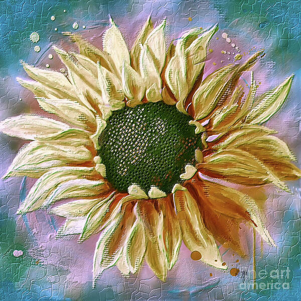 Sunflower Poster featuring the digital art Gold Sunflower Against Blue by Lois Bryan