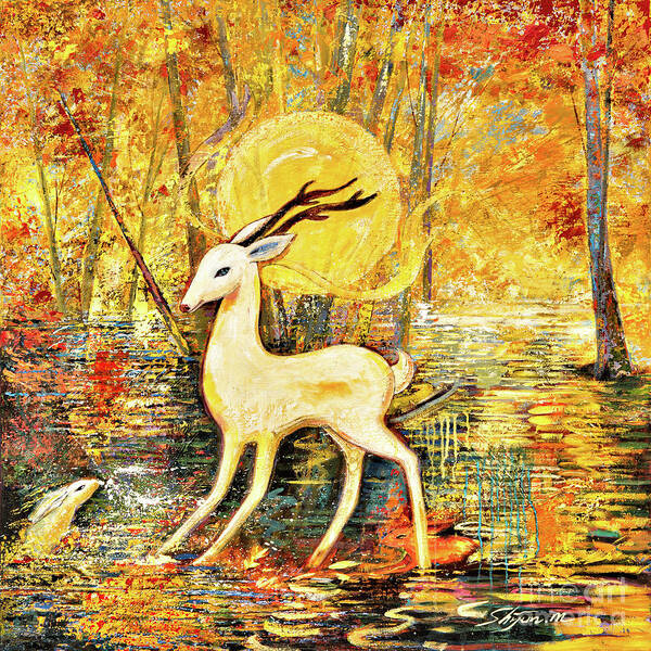 Deer Poster featuring the painting Golden Autumn by Shijun Munns