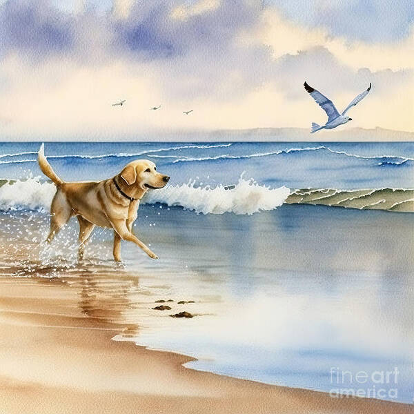 Golden Labrador Poster featuring the painting golden Labrador running at beach by N Akkash