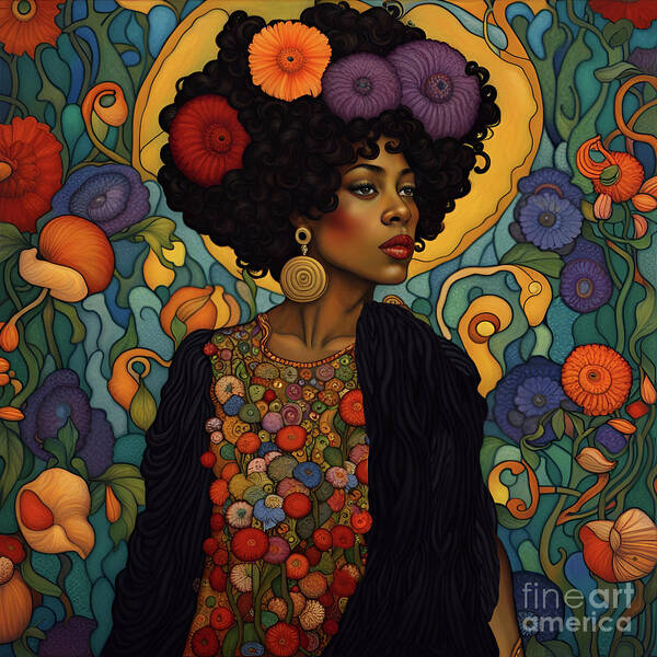 Black Woman Poster featuring the digital art Gorgeous Black Woman and flowers by Tina Lavoie