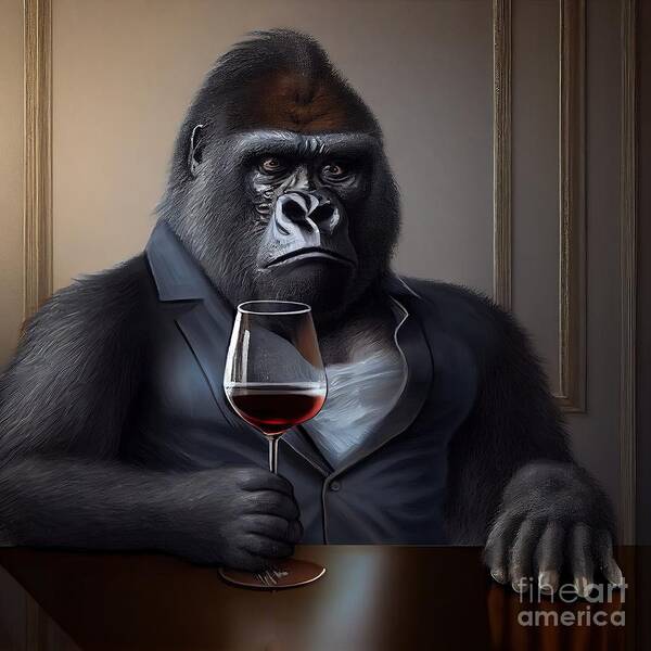 Macaque Poster featuring the painting Gorilla Having Drink by N Akkash