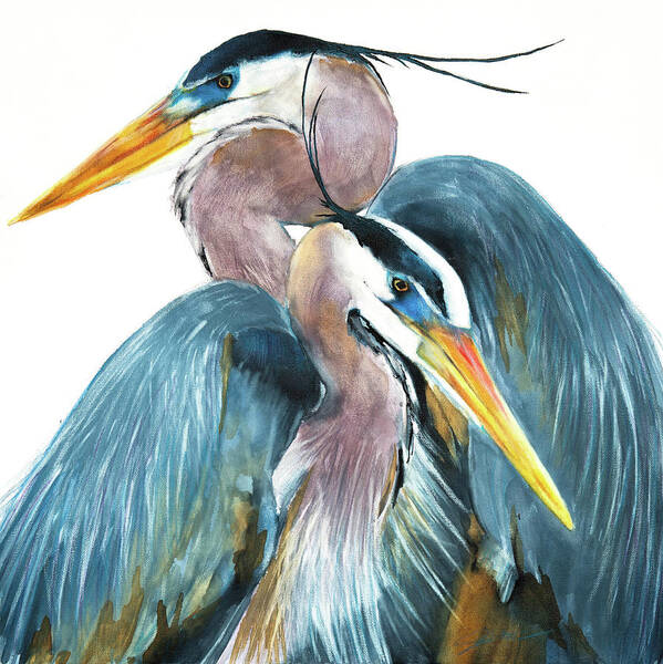 Great Blue Heron Poster featuring the mixed media Great Blue Heron Couple by Jani Freimann