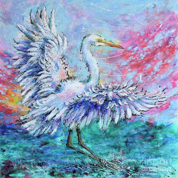  Poster featuring the painting Great Egret's Glorious Landing by Jyotika Shroff