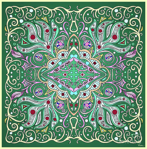 Yellow Swirls Poster featuring the mixed media Green Ornate Symmetrical Design with Diamond by Lise Winne