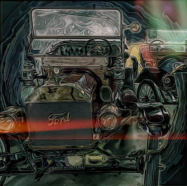 Vintage Ford Poster featuring the mixed media Grungy 1900s Vintage Ford Motorcar by Joan Stratton