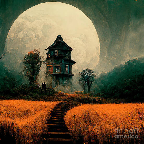 House Poster featuring the digital art Halloween night scene with haunted house and full moon. Horror o by Jelena Jovanovic