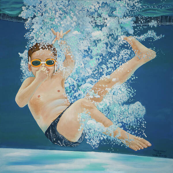 Swimming Pool Poster featuring the painting Hang Loose Boy Underwater Swimming Painting by Linda Queally by Linda Queally