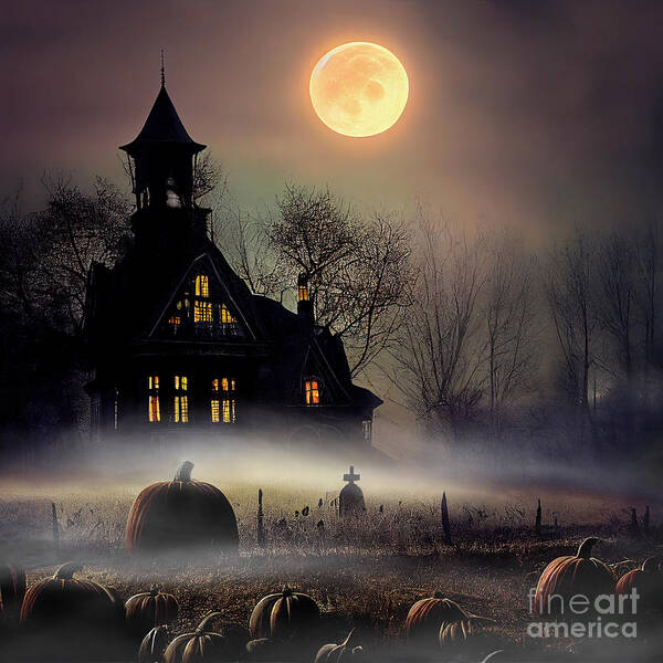 House Poster featuring the photograph Haunted house on pumpkin field. Halloween night scene. by Jelena Jovanovic