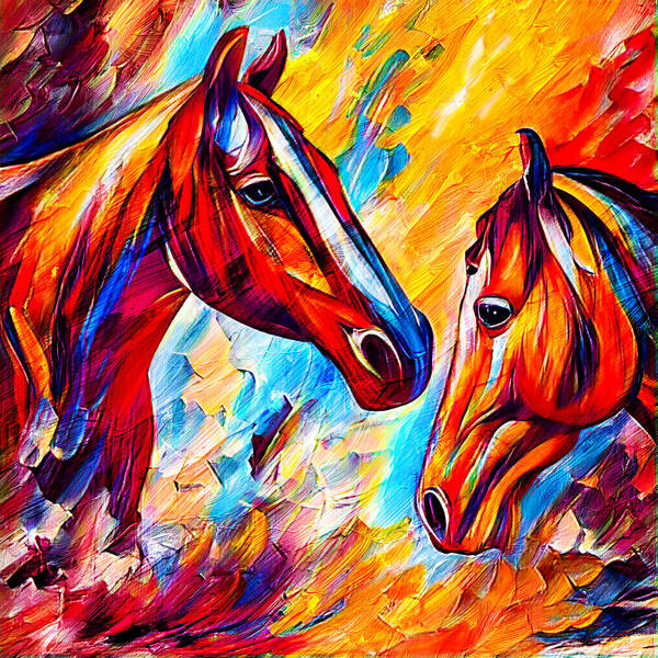 Horse Poster featuring the digital art Horses watching each other - colorful dark orange, red and cyan portrait by Nicko Prints