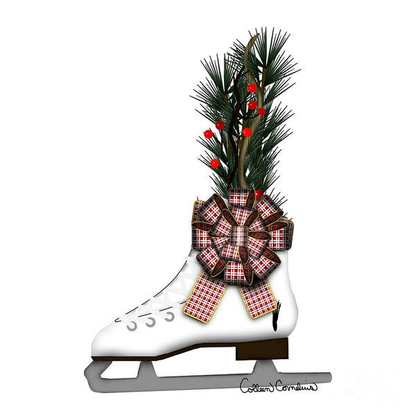 Ice Skate Poster featuring the digital art Ice Skate Christmas Decoration with Tartan Bow by Colleen Cornelius