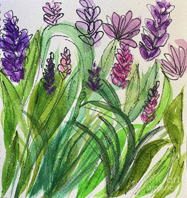 Purple Poster featuring the mixed media Ink and Wash Flowers by Lisa Neuman