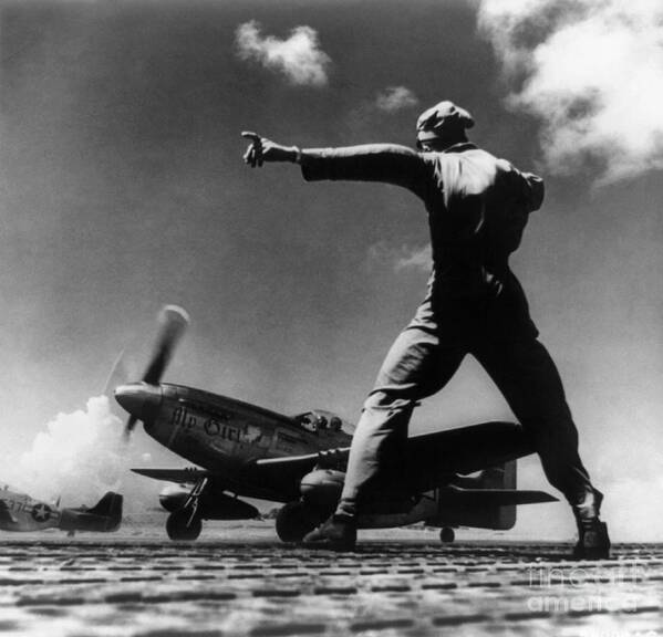 1945 Poster featuring the photograph IWO JIMA - P-51 Taking Off by Granger