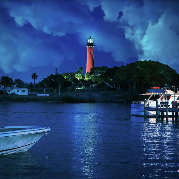 Jupiter Lighthouse Poster featuring the photograph Jupiter Lighthouse Night Square by Laura Fasulo
