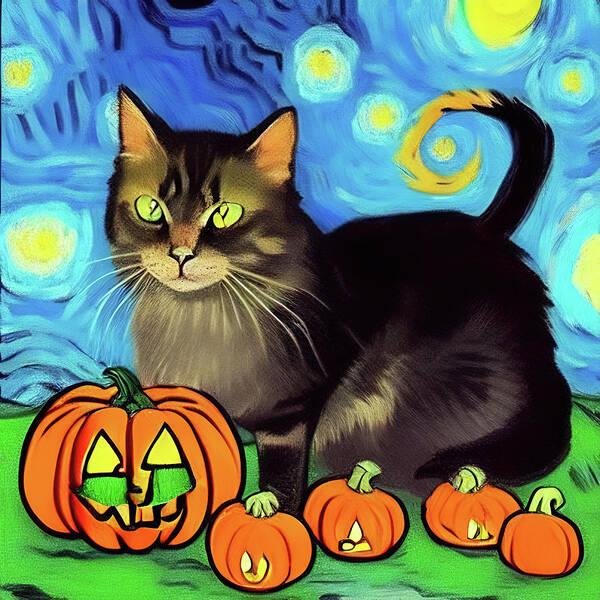 Kitty Poster featuring the digital art Kitty in the pumpkin field by Tatiana Travelways