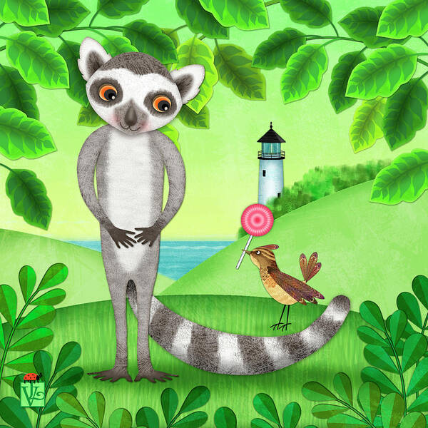 Cute Poster featuring the digital art L is for Lemur, Lark and Lollipop by Valerie Drake Lesiak