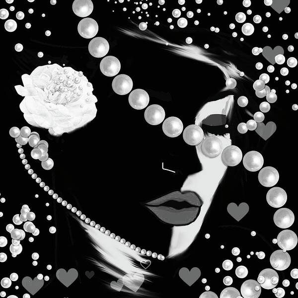Female Face Poster featuring the digital art Lady, Rose, Pearls, and Kisses Two by Gayle Price Thomas