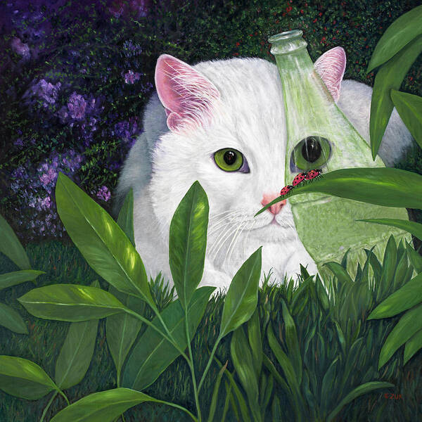 White Cat Art Poster featuring the painting Ladybugs and Cat by Karen Zuk Rosenblatt