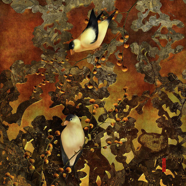 Chinoiserie Poster featuring the digital art Lantern Chinoiserie Goldfinches and Berries by Sand And Chi