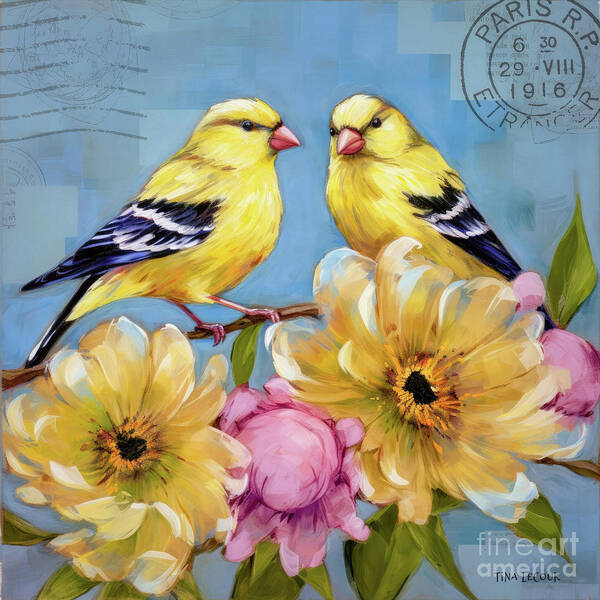 American Goldfinch Birds Poster featuring the painting Lovely Goldfinches by Tina LeCour