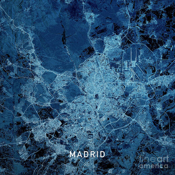 Madrid Poster featuring the digital art Madrid Spain 3D Render Map Blue Top View Aug 2019 by Frank Ramspott