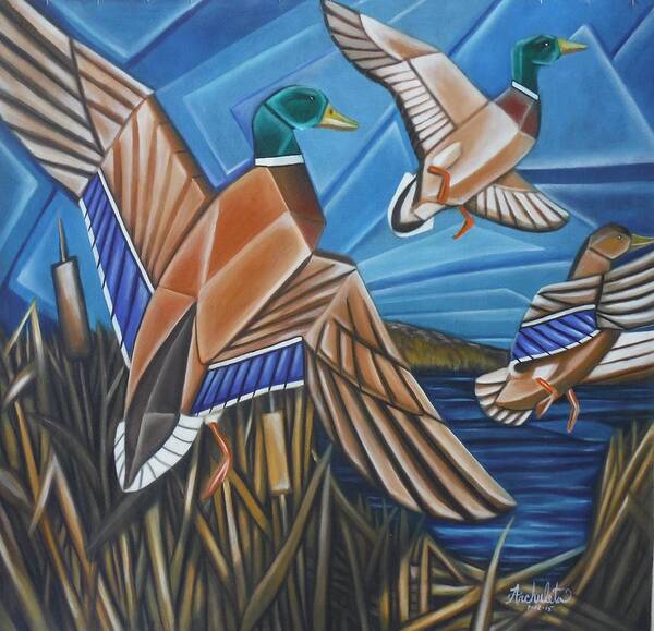 Mallard Ducks Poster featuring the painting Heading South for the Winter by Ruben Archuleta - Art Gallery