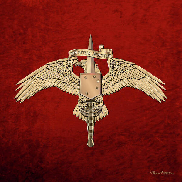 Military Insignia & Heraldry Collection By Serge Averbukh Poster featuring the digital art Marine Special Operator Insignia - USMC Raider Dagger Badge over Red Velvet by Serge Averbukh