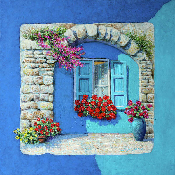  Window Boxes Poster featuring the painting Mediterranean colors by Miki Karni