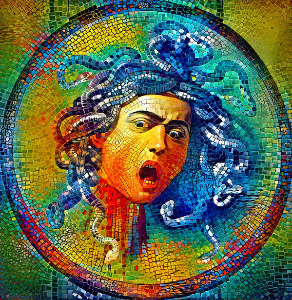 Medusa Poster featuring the digital art Medusa by Caravaggio - colorful mosaic by Nicko Prints