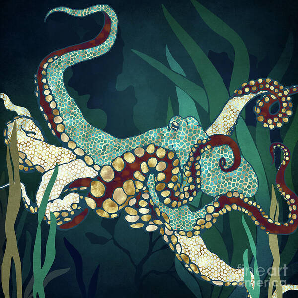 Metallic Poster featuring the digital art Metallic Octopus V by Spacefrog Designs