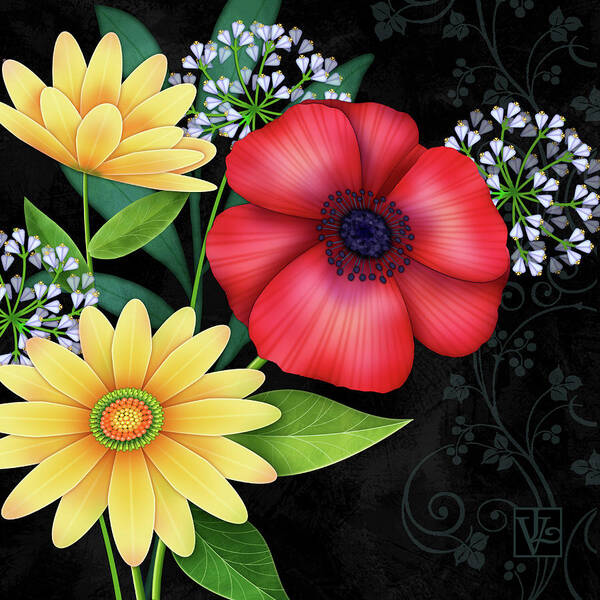 Flowers Poster featuring the digital art Mixed Flowers on Black by Valerie Drake Lesiak