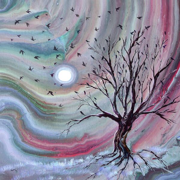 Starlings Poster featuring the painting Murmuration from a Bare Tree by Laura Iverson