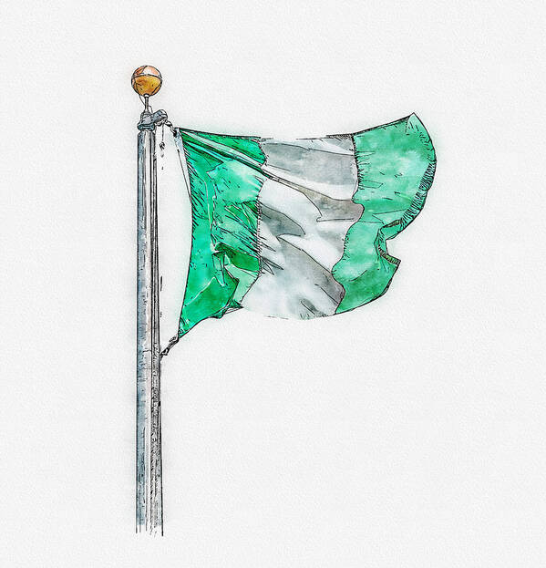 Watercolor Poster featuring the digital art National flag of Nigeria on a flagpole, isolated on white background by Maria Kray
