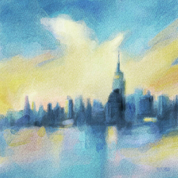 Empire State Building Poster featuring the painting New York Skyline Blue and Yellow by Beverly Brown