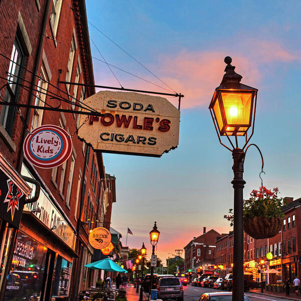 Newburyport Poster featuring the photograph Newburyport MA High Street Lanterns at Sunset Fowle's Square by Toby McGuire