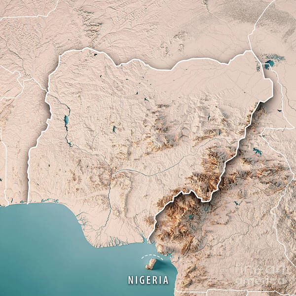 Nigeria Poster featuring the digital art Nigeria 3D Render Topographic Map Neutral Border by Frank Ramspott