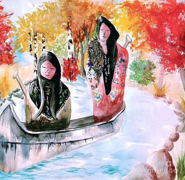 Watercolor Poster featuring the painting Ojibwe Man and Woman in Birch Canoe by Ayasha Loya